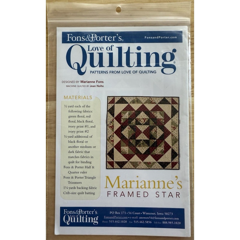 Fons & Porter's Love of Quilting Pattern Marianne's/Liz's Framed Star 34" X 34"‎